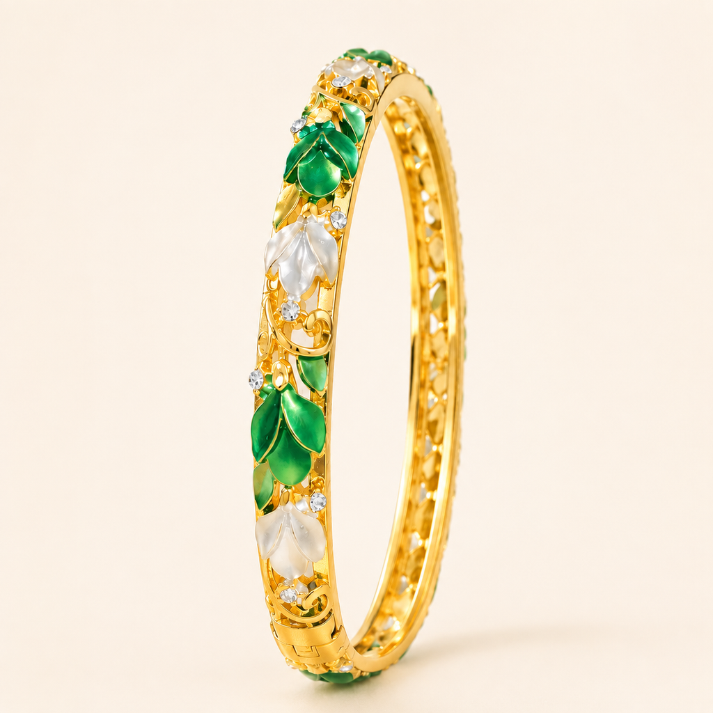 Emerald Leaf Green Floral Enamel Gold Bangle (MES100001)