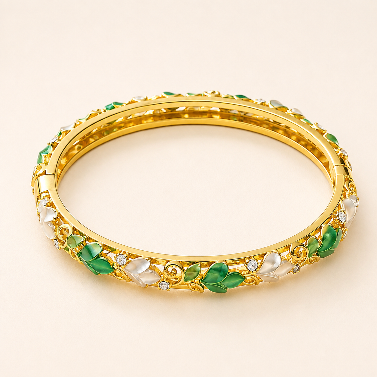 Emerald Leaf Green Floral Enamel Gold Bangle (MES100001)