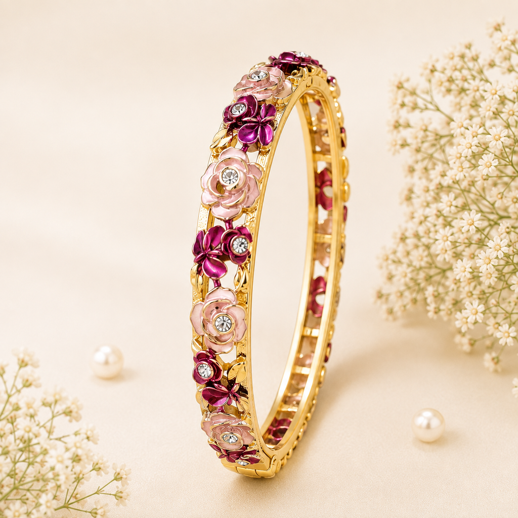 Berry Rose Magenta Floral Enamel Gold Bangle (MES100002)