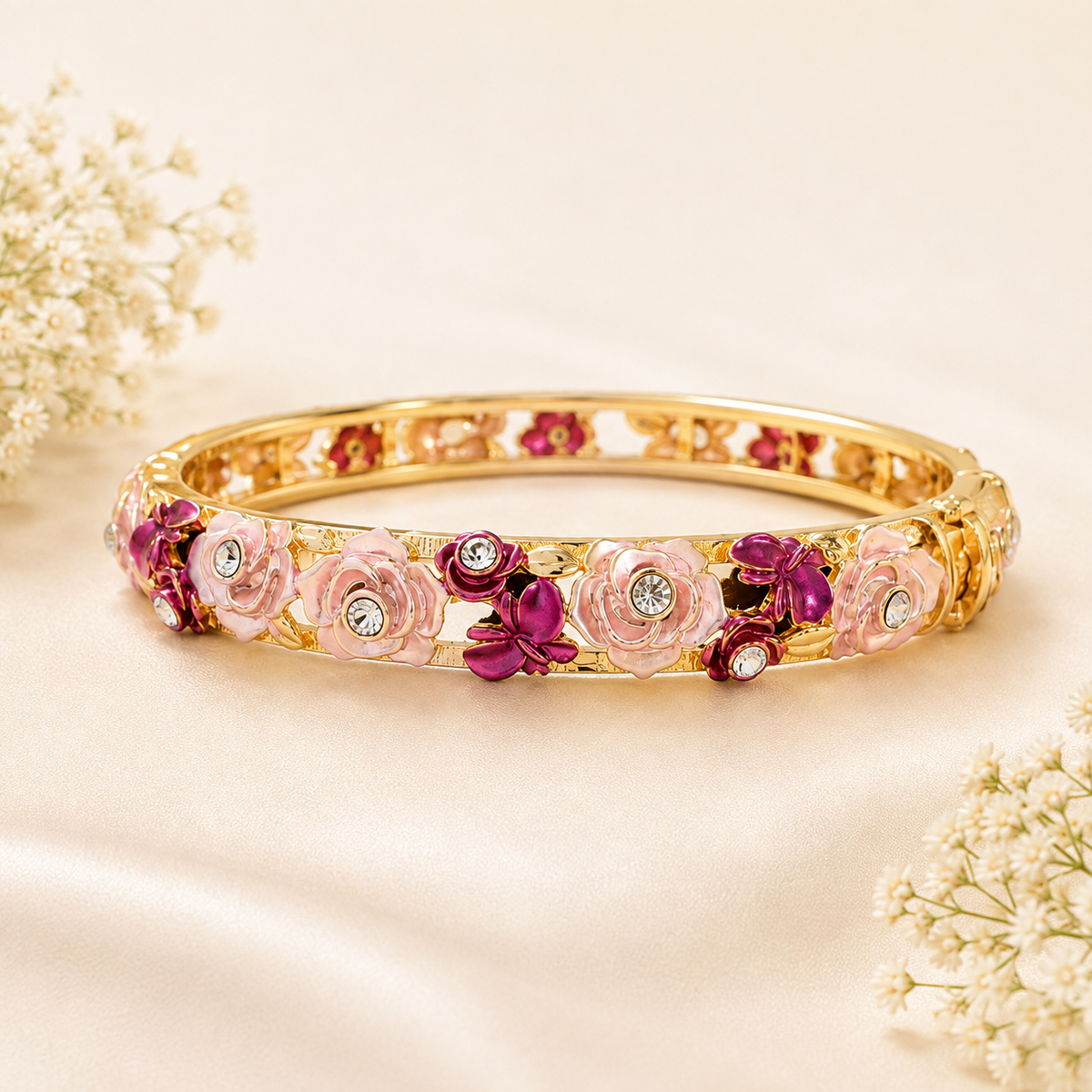 Berry Rose Magenta Floral Enamel Gold Bangle (MES100002)