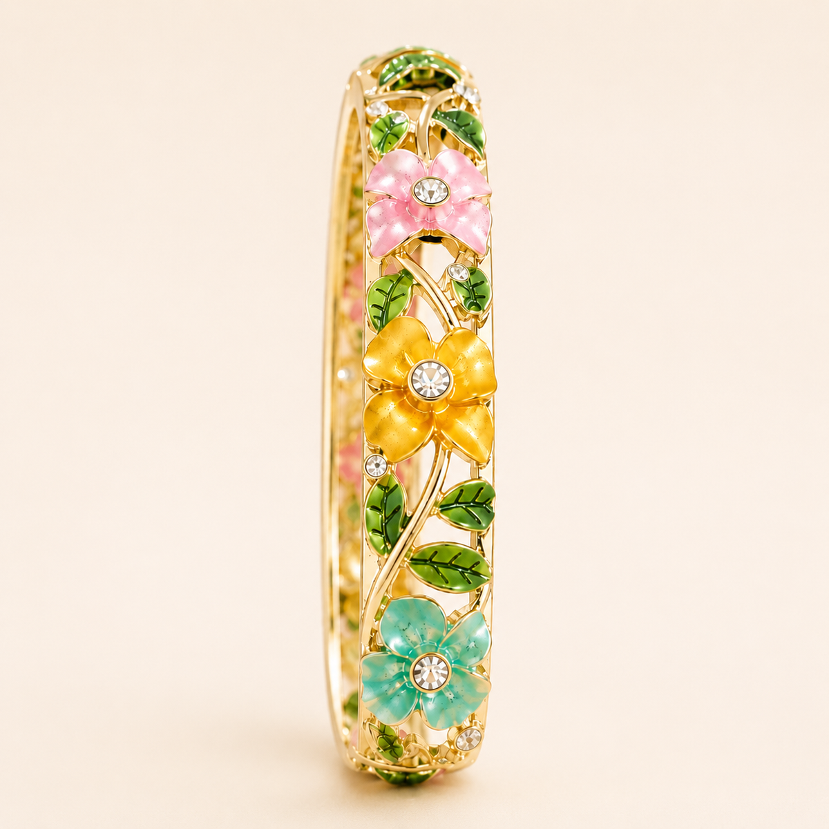 Pastel Meadow Multicolored Enamel Floral Gold Bangle (MES100003)