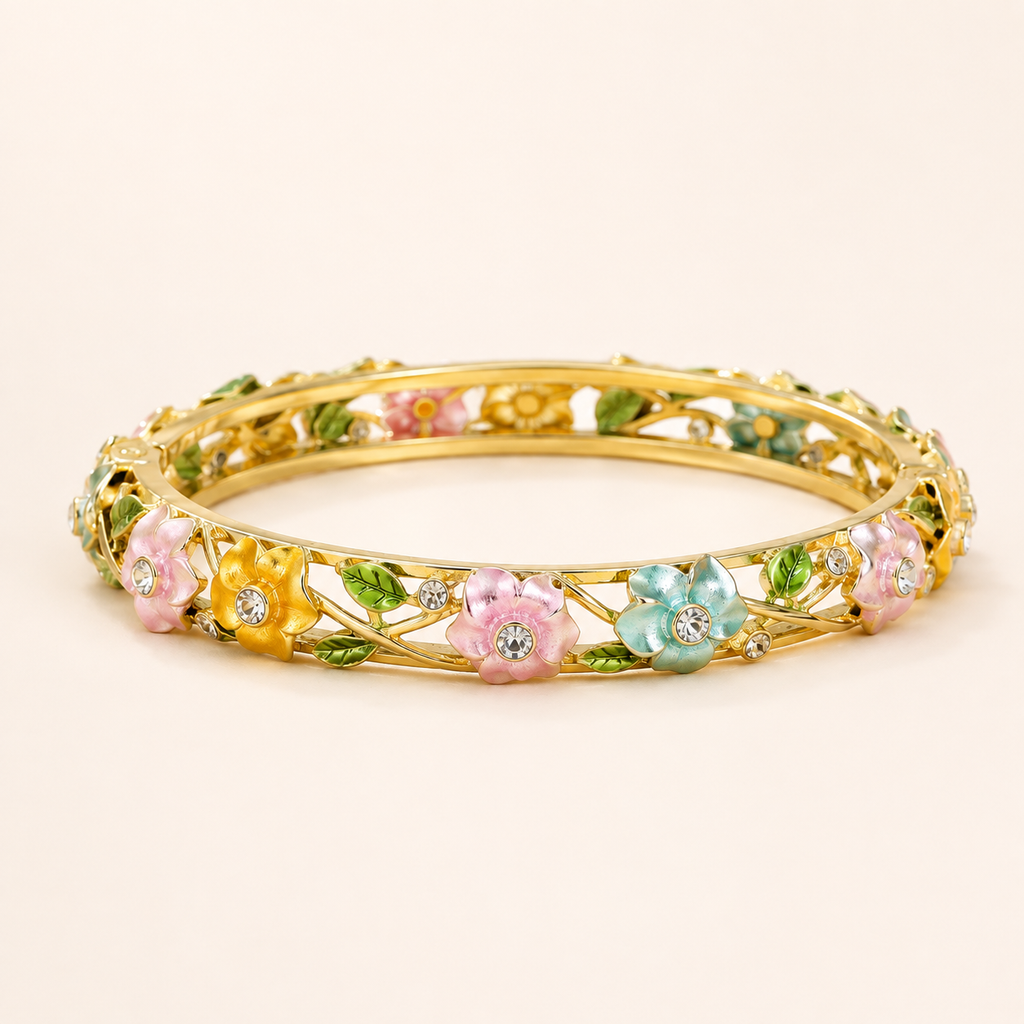 Pastel Meadow Multicolored Enamel Floral Gold Bangle (MES100003)