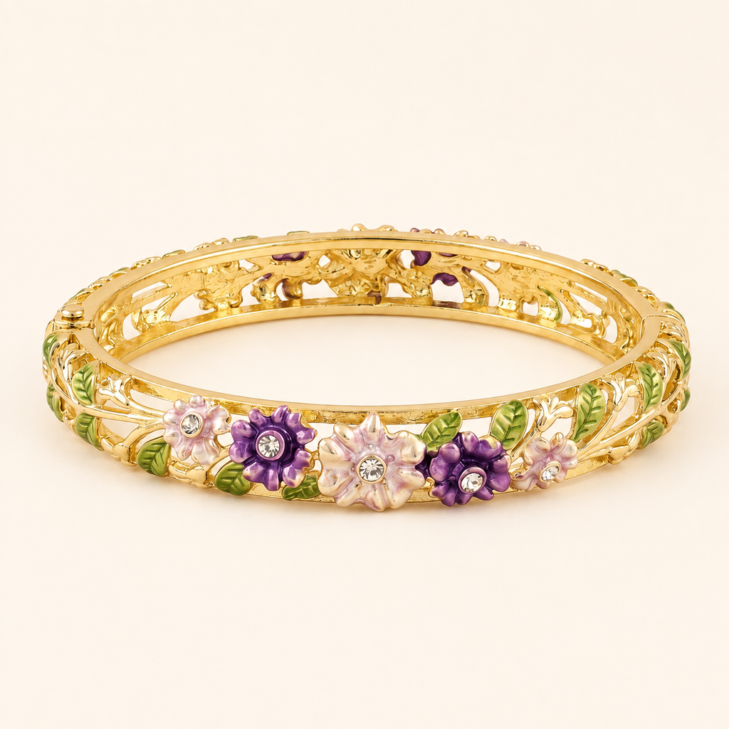 Royal Violet Blossom Purple Enamel Gold Bangle (MES100006)