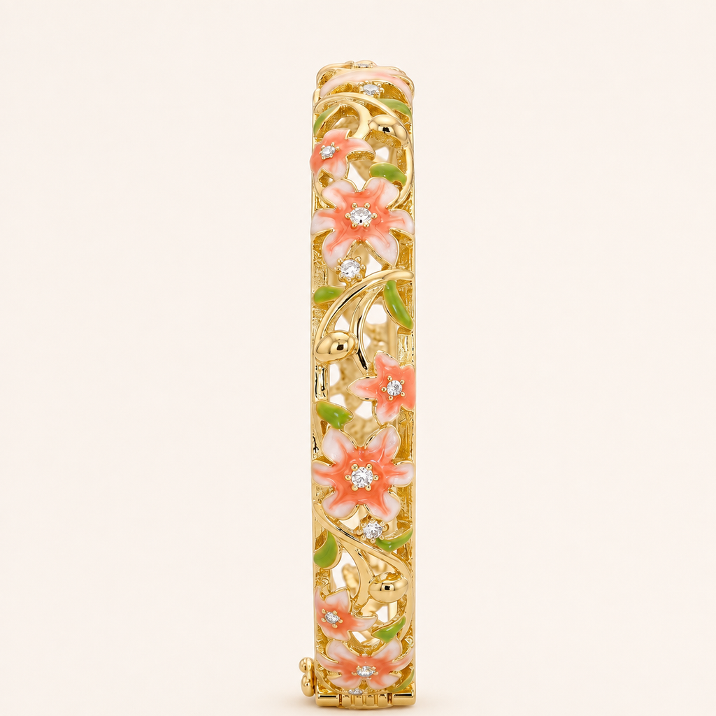 Coral Lily Vines Orange Enamel Gold Bangle (MES100007)