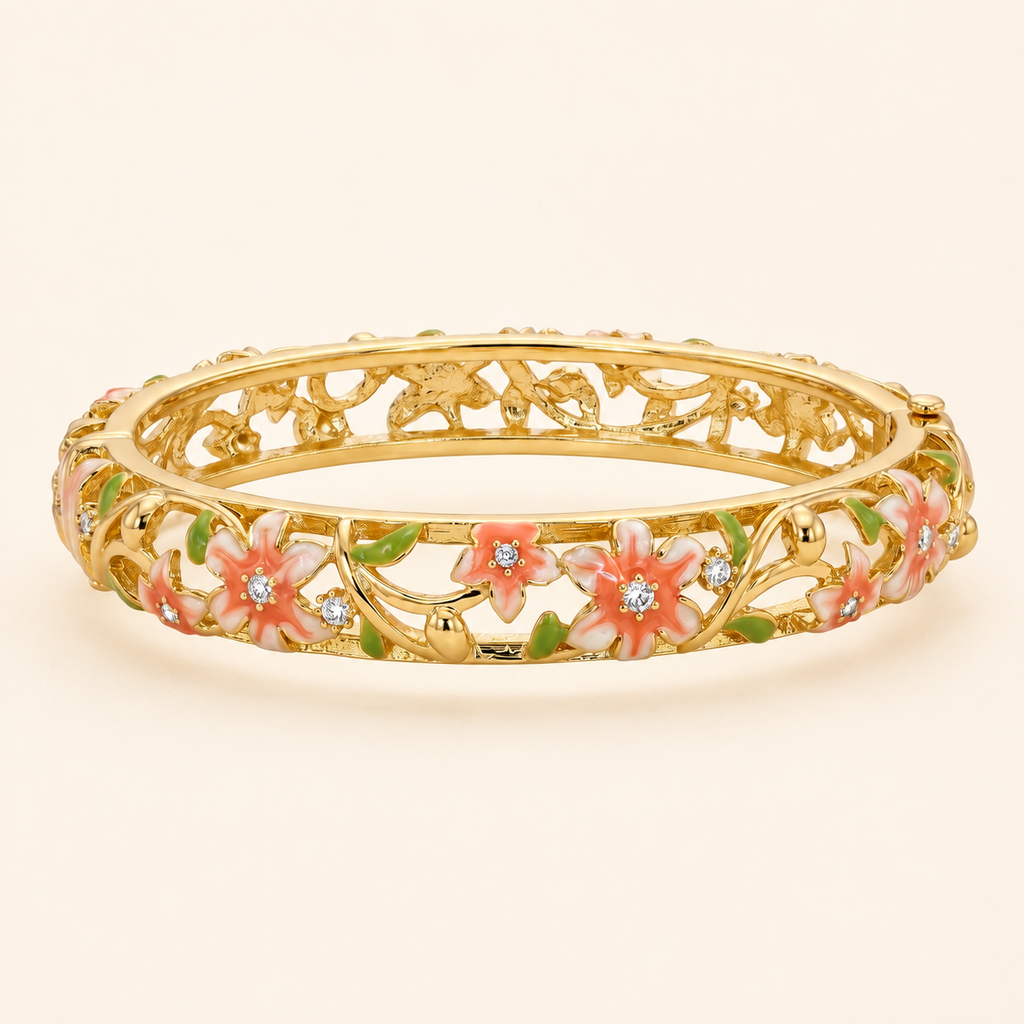 Coral Lily Vines Orange Enamel Gold Bangle (MES100007)