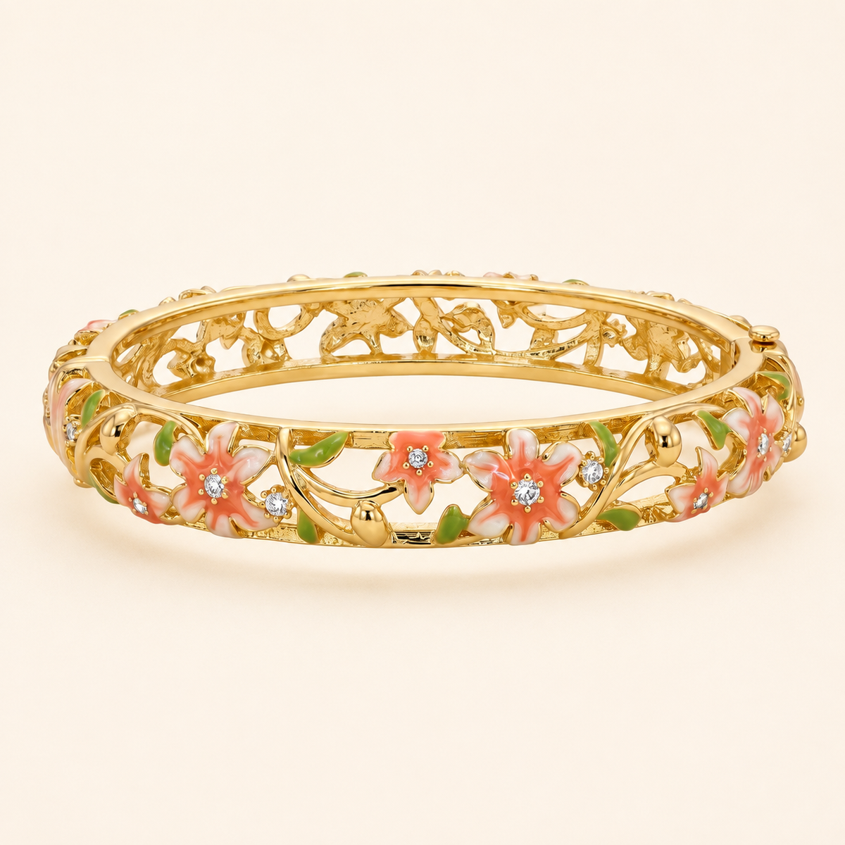 Coral Lily Vines Orange Enamel Gold Bangle (MES100007)