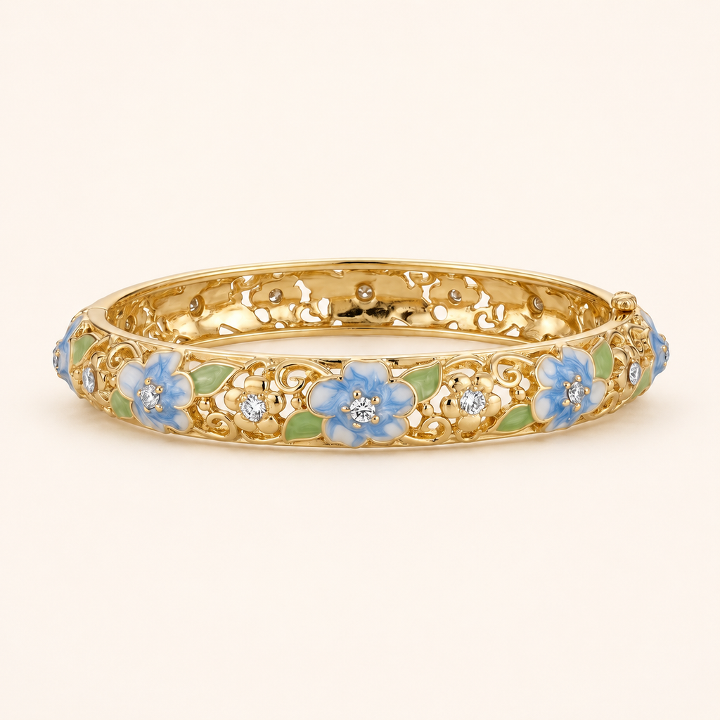 Powder Blue Floral Leaf Enamel Gold Bangle (MES100009)