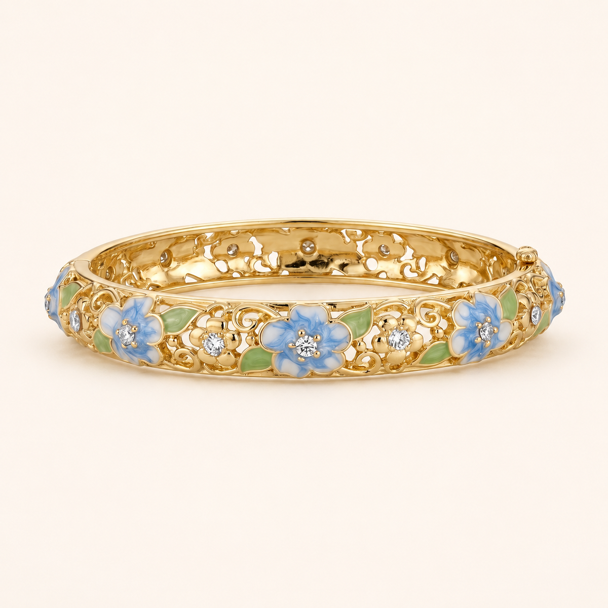 Powder Blue Floral Leaf Enamel Gold Bangle (MES100009)