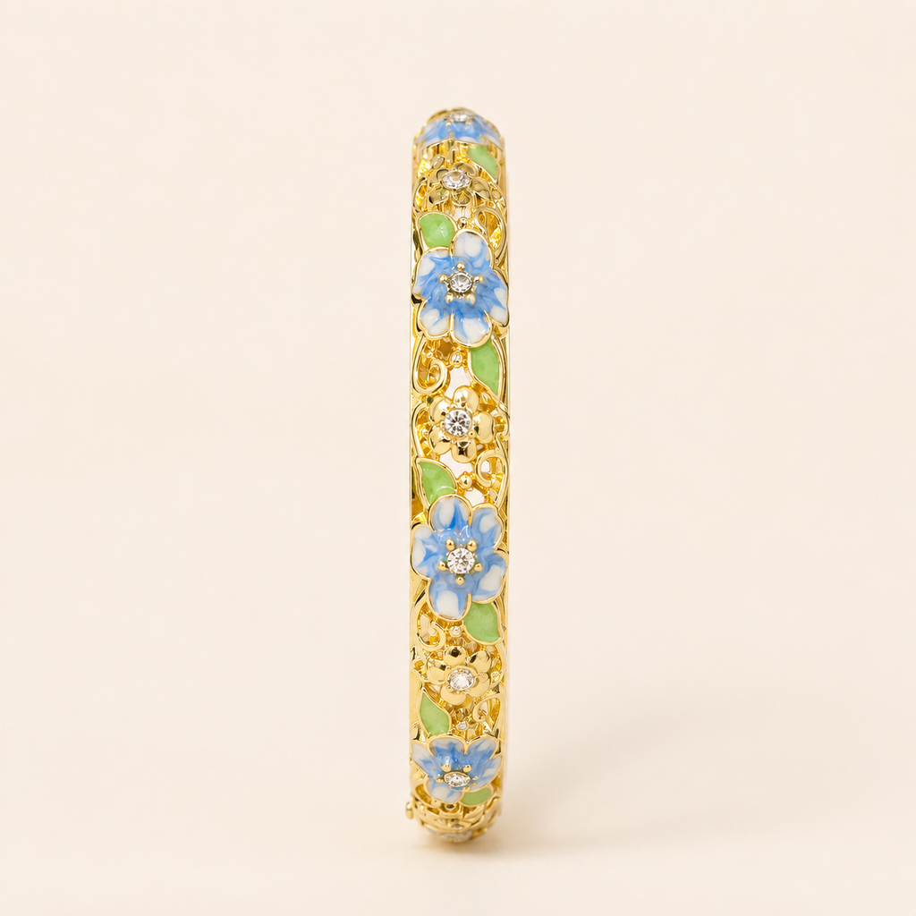 Powder Blue Floral Leaf Enamel Gold Bangle (MES100009)