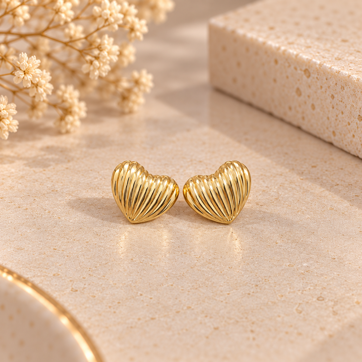 Ribbed Heart Metallic Gold Stud Earrings (MES100100)