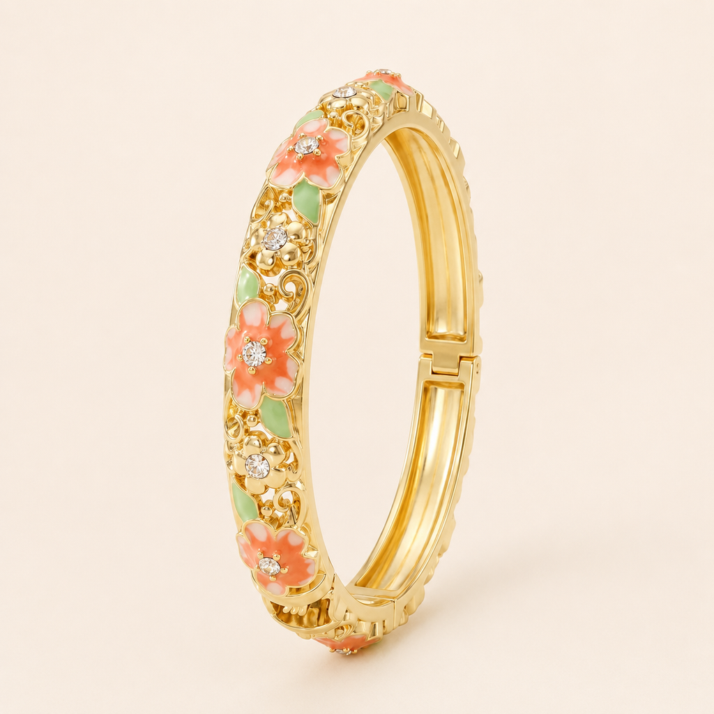 Peach Cherry Blossom Floral Enamel Gold Bangle (MES100010)