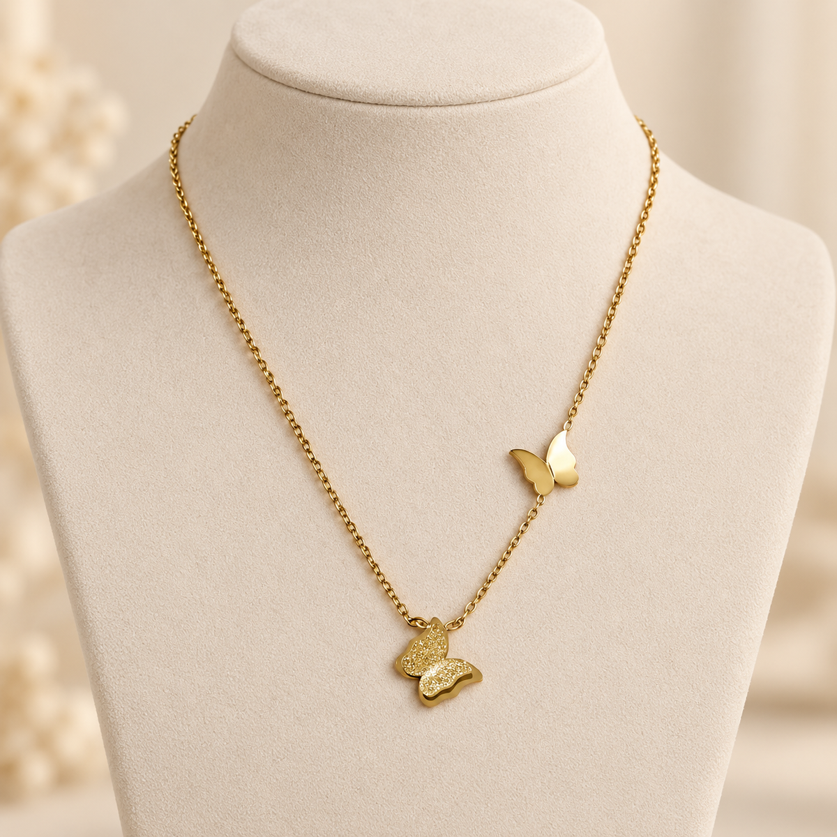Dual Butterfly Gold Charm Pendant Necklace (MES100102)