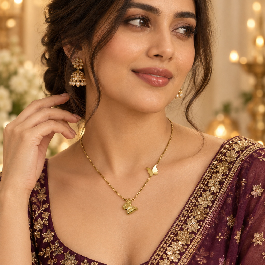Dual Butterfly Gold Charm Pendant Necklace (MES100102)