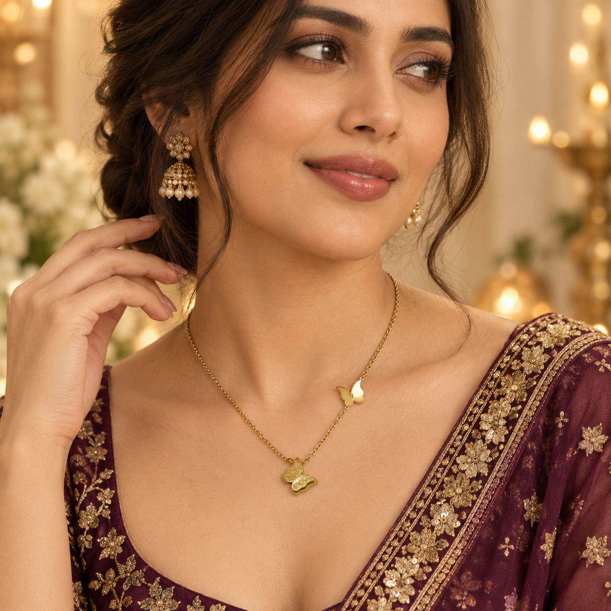Dual Butterfly Gold Charm Pendant Necklace (MES100102)