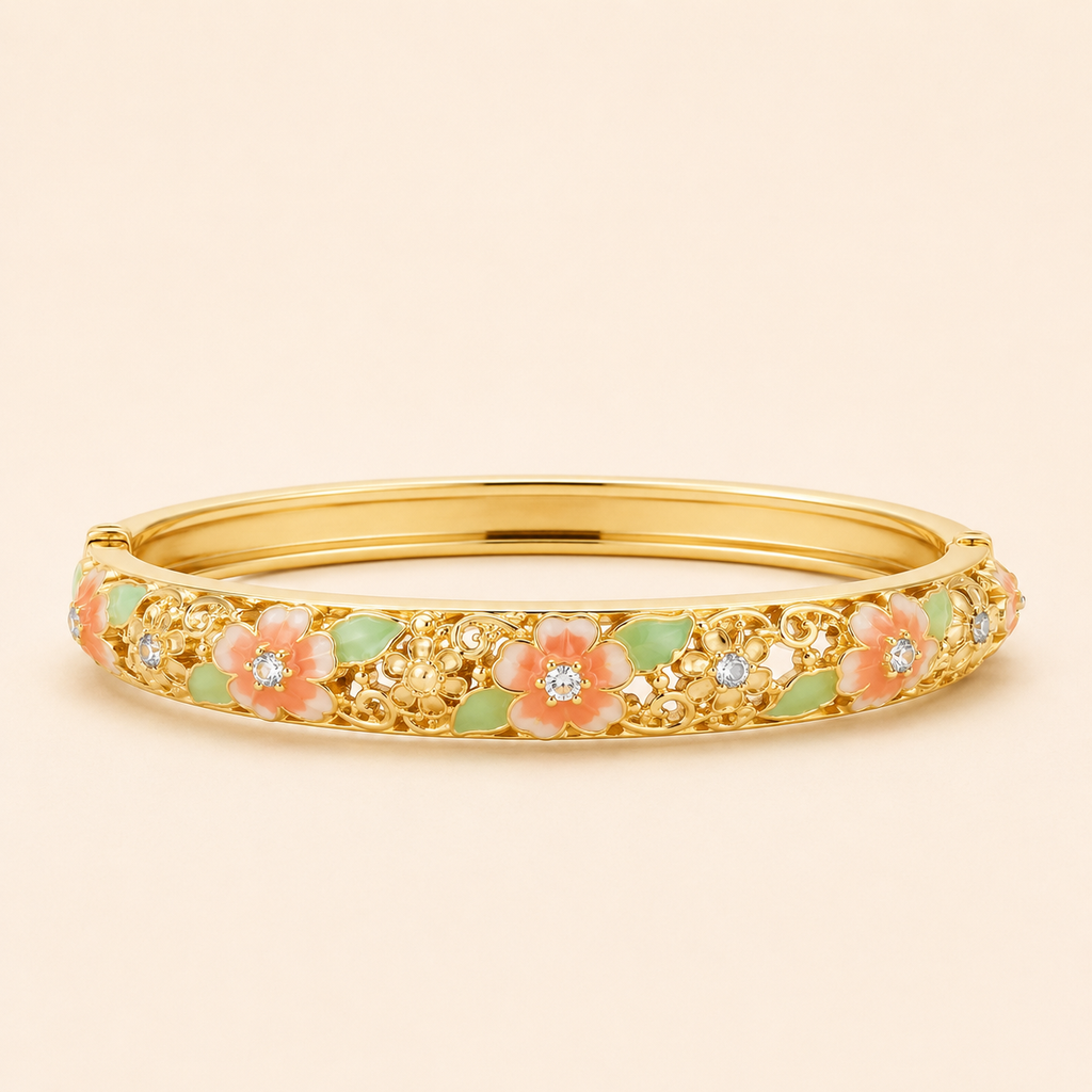 Peach Cherry Blossom Floral Enamel Gold Bangle (MES100010)
