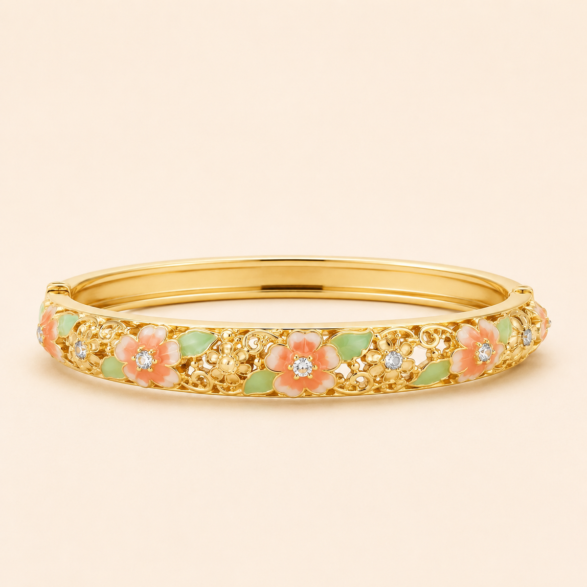 Peach Cherry Blossom Floral Enamel Gold Bangle (MES100010)