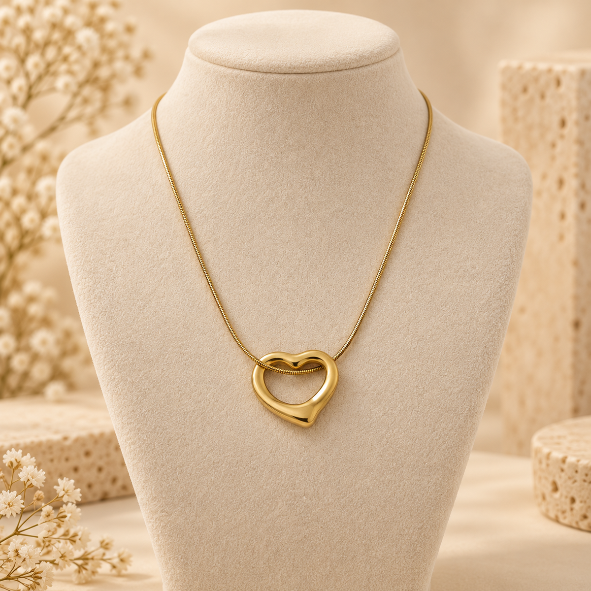 Minimalist Open Heart Gold Snake Chain Necklace (MES100103)