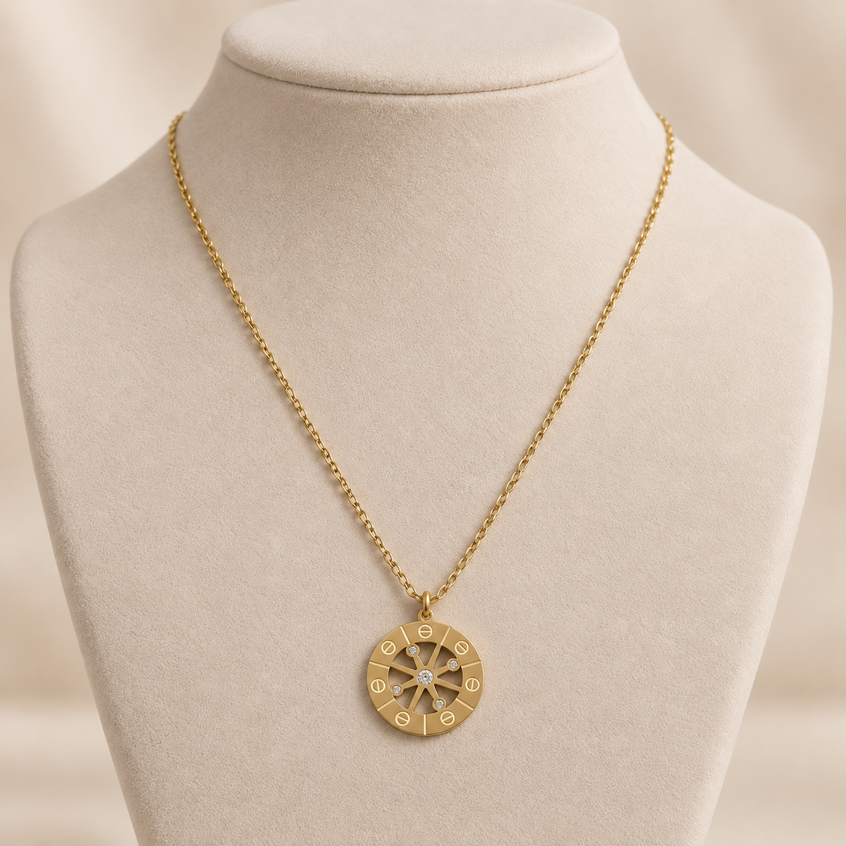 Celestial Compass Wheel Crystal Gold Medallion Necklace (MES100104)