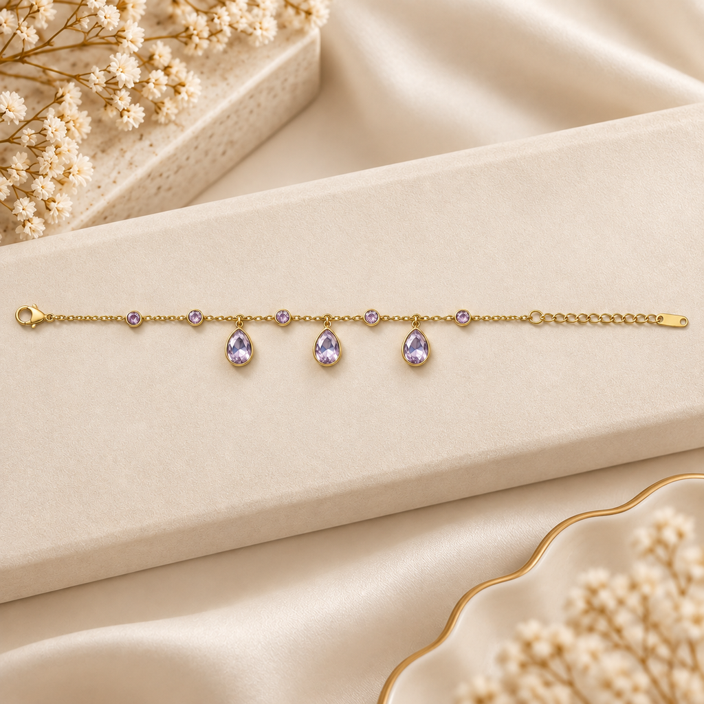 Lavender Teardrop Crystal Gold Chain Charm Bracelet (MES100106)