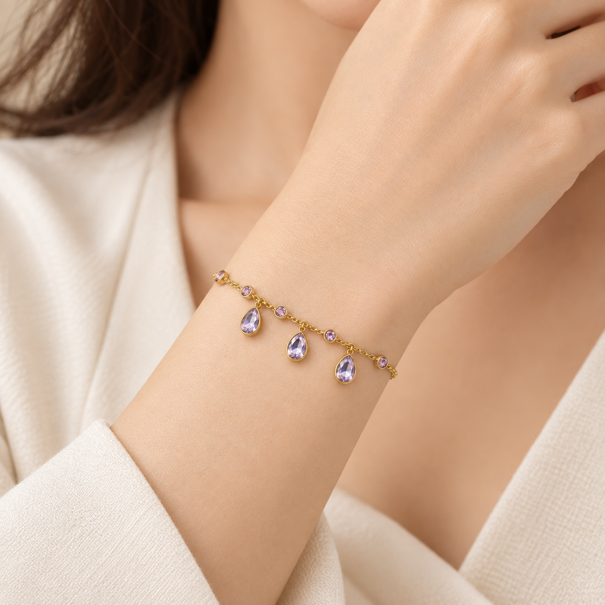 Lavender Teardrop Crystal Gold Chain Charm Bracelet (MES100106)
