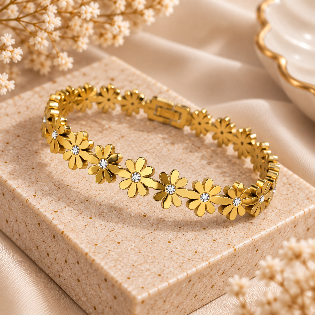 Daisy Flower Crystal Gold Hinge Bangle Bracelet (MES100107)