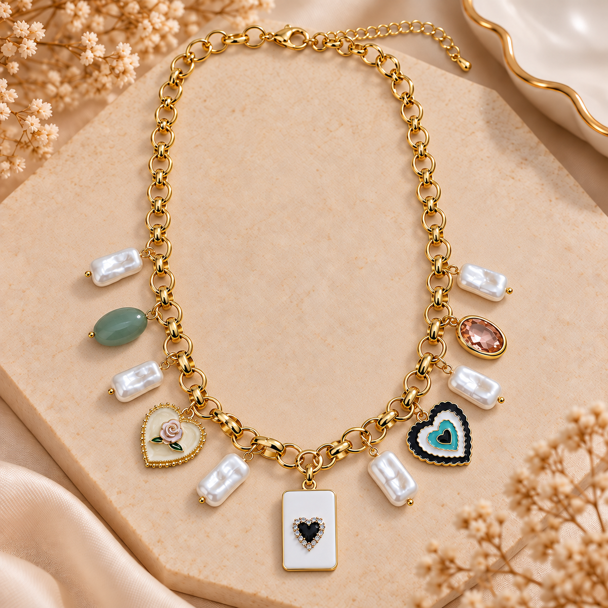 Vintage Heart Charm & Pearl Gold Statement Necklace (MES100108)