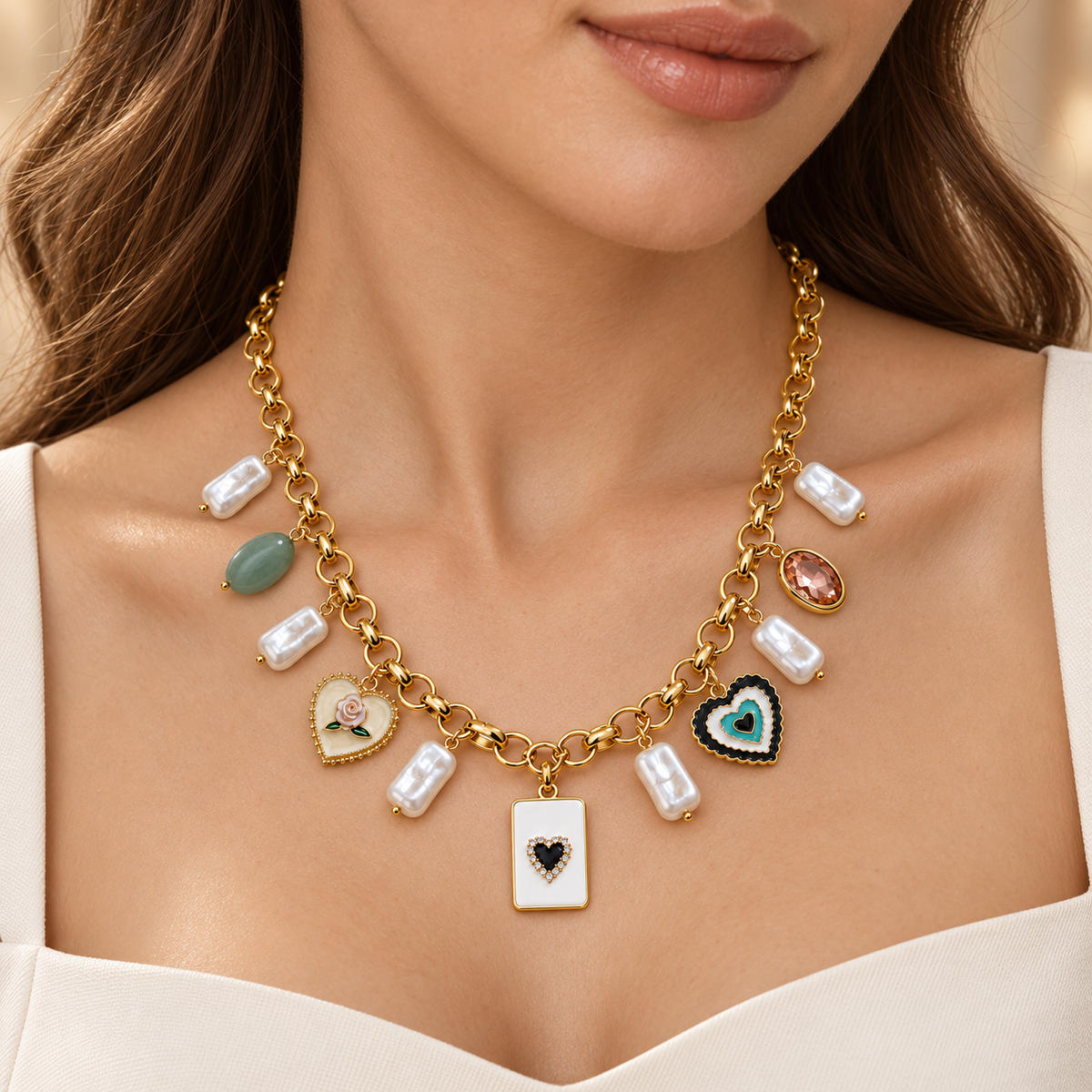 Vintage Heart Charm & Pearl Gold Statement Necklace (MES100108)
