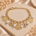 Celestial Evil Eye & Celestial Sun Medallion Pearl Gold Charm Bracelet (MES100109)