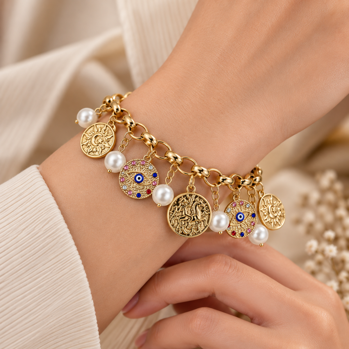 Celestial Evil Eye & Celestial Sun Medallion Pearl Gold Charm Bracelet (MES100109)