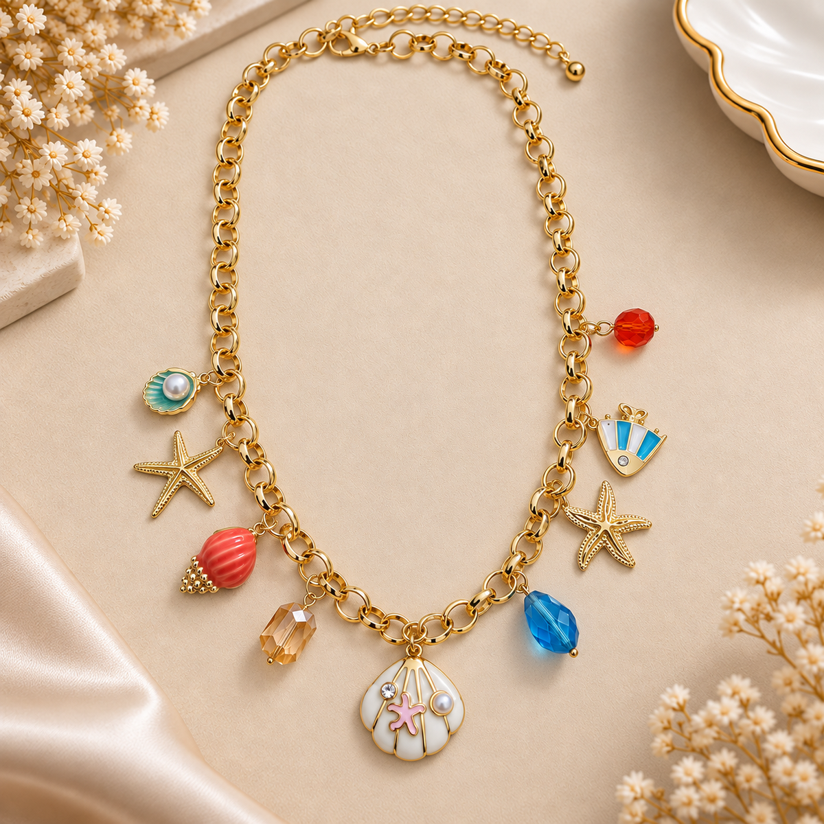 Oceanic Sea Shell & Starfish Charm Gold Statement Necklace (MES100110)