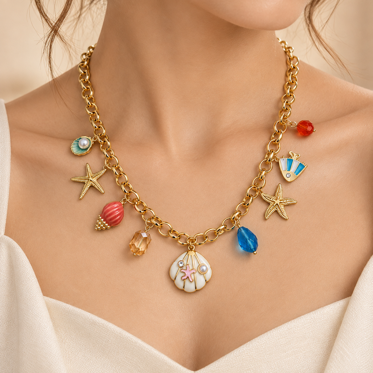 Oceanic Sea Shell & Starfish Charm Gold Statement Necklace (MES100110)