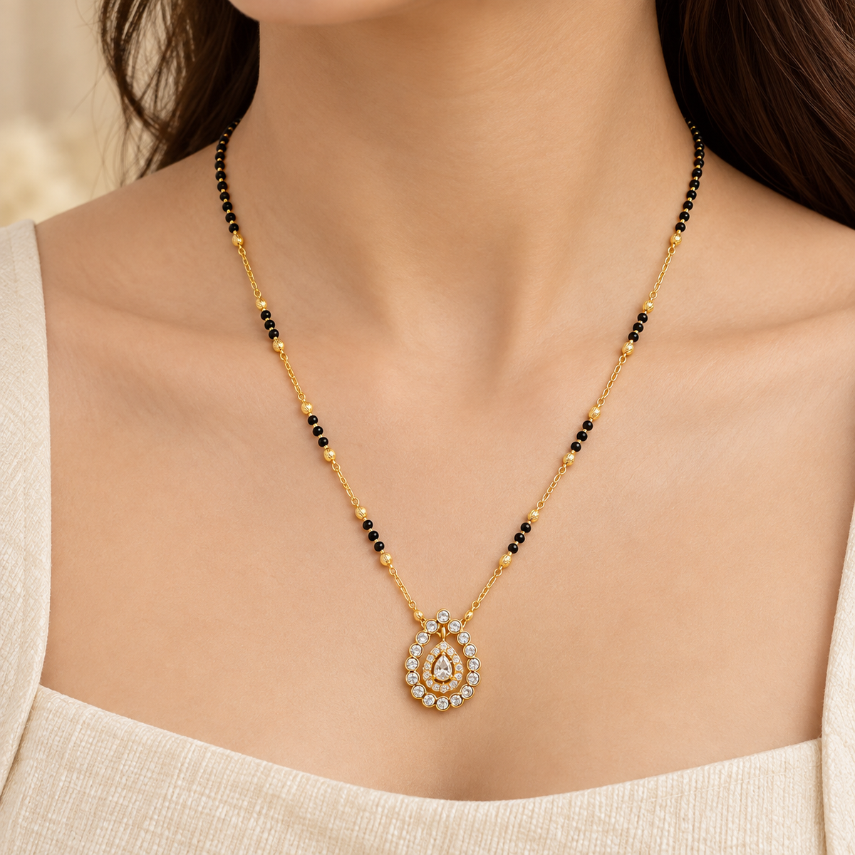 Royal Teardrop Halo Crystal Gold Mangalsutra (MES100113)