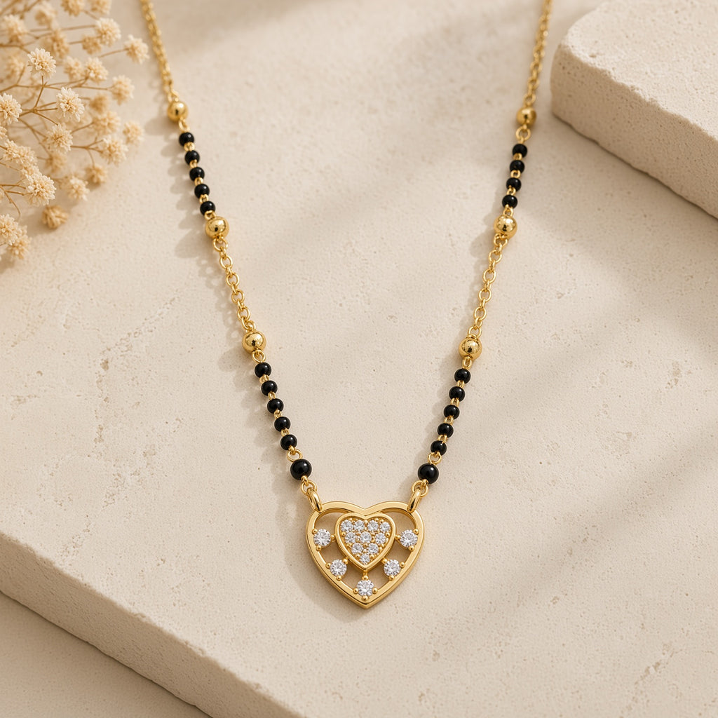 Double Heart Pave Crystal Gold Mangalsutra (MES100116)