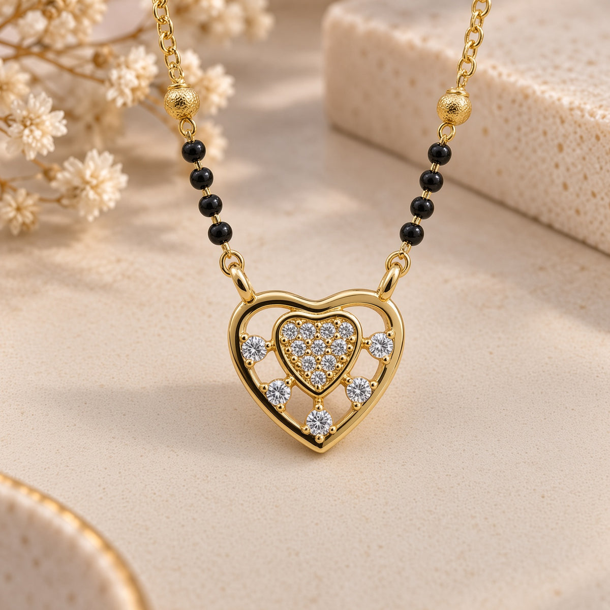 Double Heart Pave Crystal Gold Mangalsutra (MES100116)