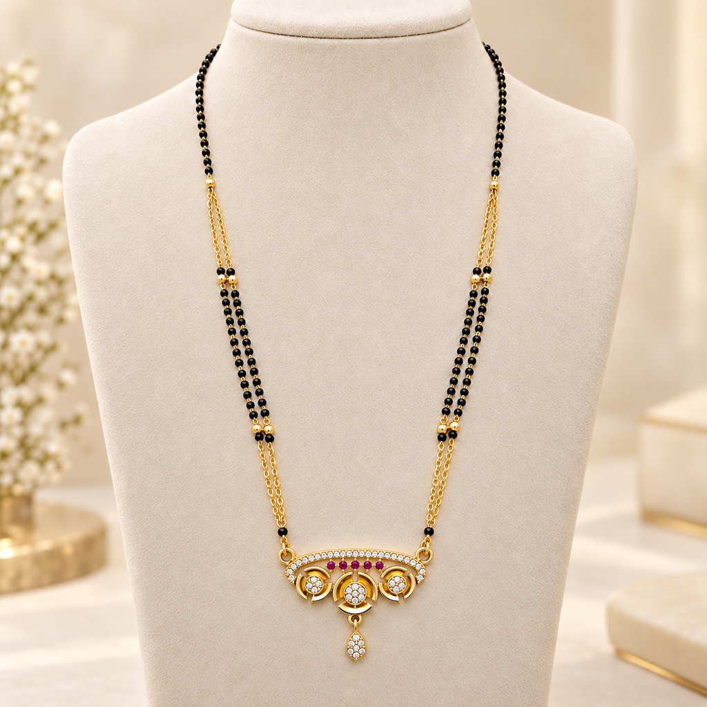 Crescent Ruby & Pave Crystal Dual Strand Gold Mangalsutra (MES100117)