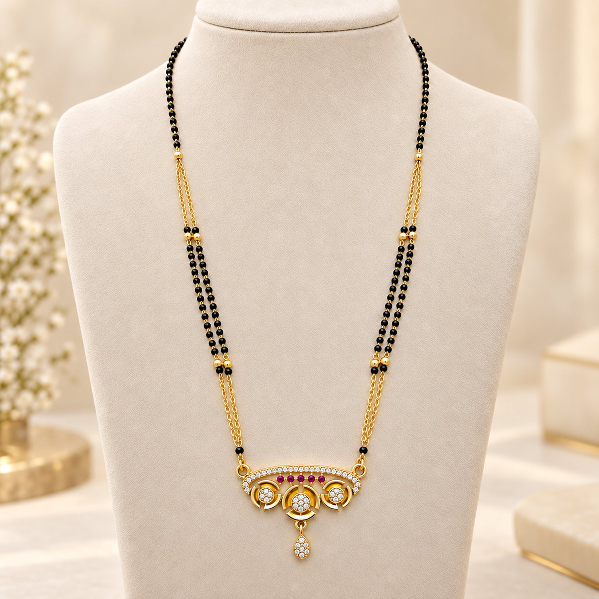 Crescent Ruby & Pave Crystal Dual Strand Gold Mangalsutra (MES100117)