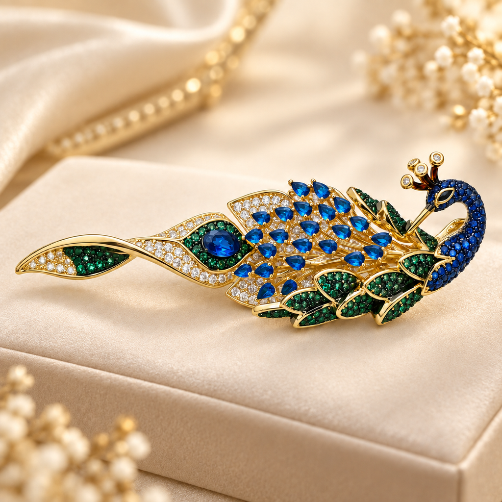 Royal Royal Blue & Emerald Gemstone Peacock Gold Brooch (MES100119)