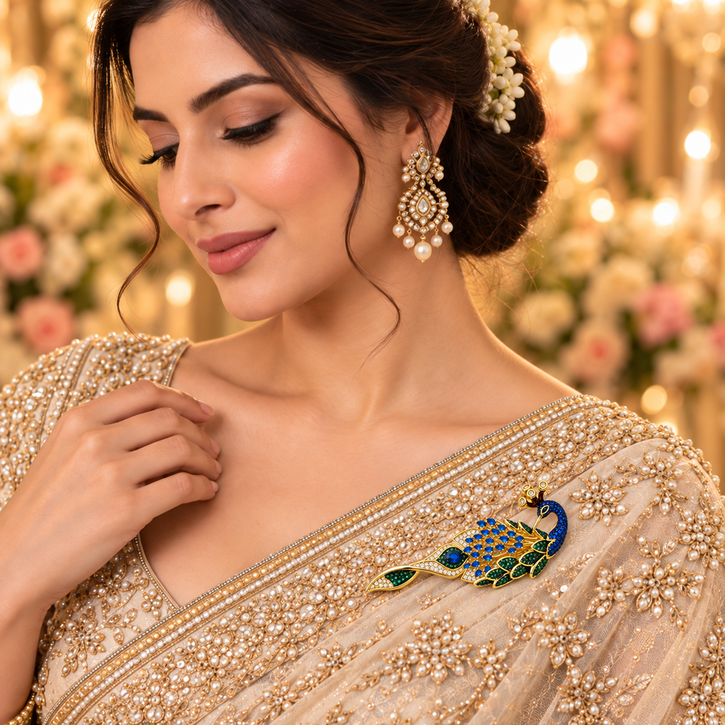 Royal Royal Blue & Emerald Gemstone Peacock Gold Brooch (MES100119)