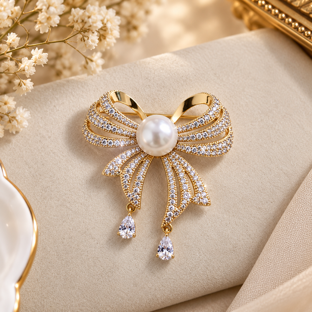 Pearl Center Pave Crystal Bow Brooch (MES100120)