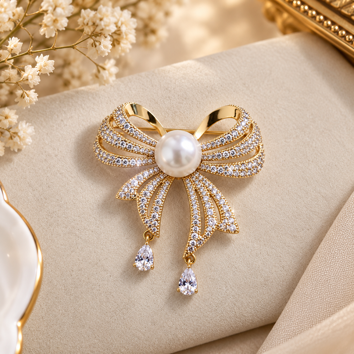 Pearl Center Pave Crystal Bow Brooch (MES100120)