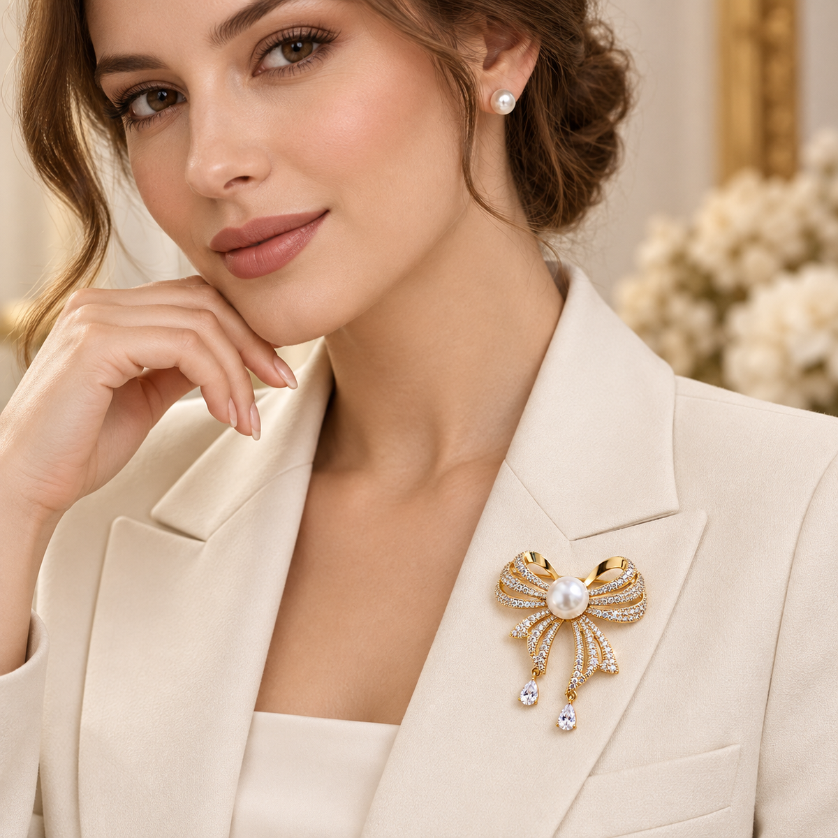 Pearl Center Pave Crystal Bow Brooch (MES100120)