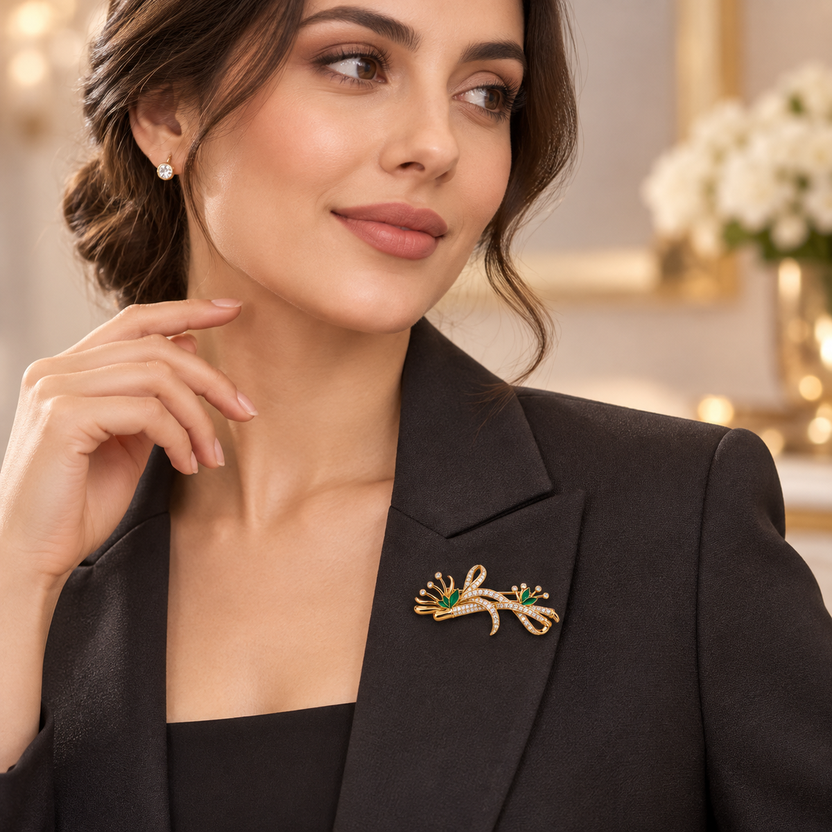 Emerald Leaf Floral Ribbon Gold Brooch (MES100121)