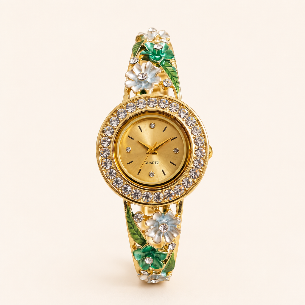 Emerald Bloom Green Enamel Gold Bangle Watch (MES100012)