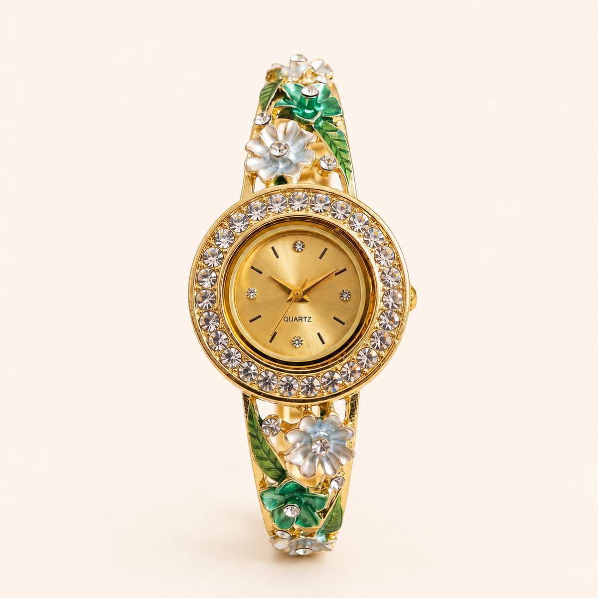 Emerald Bloom Green Enamel Gold Bangle Watch (MES100012)