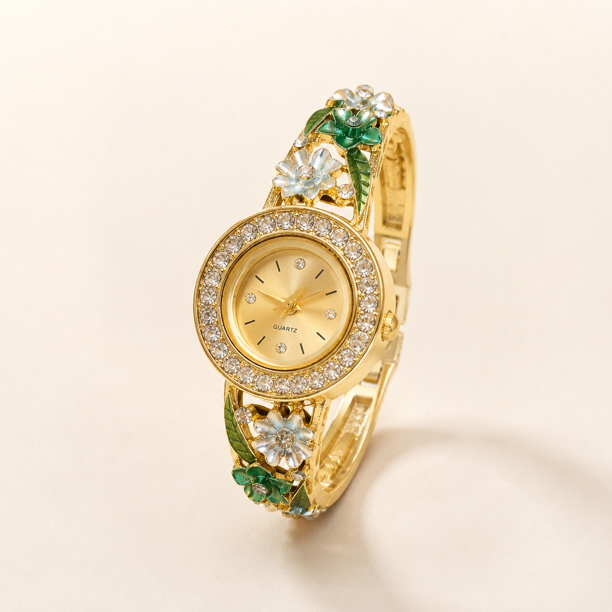 Emerald Bloom Green Enamel Gold Bangle Watch (MES100012)