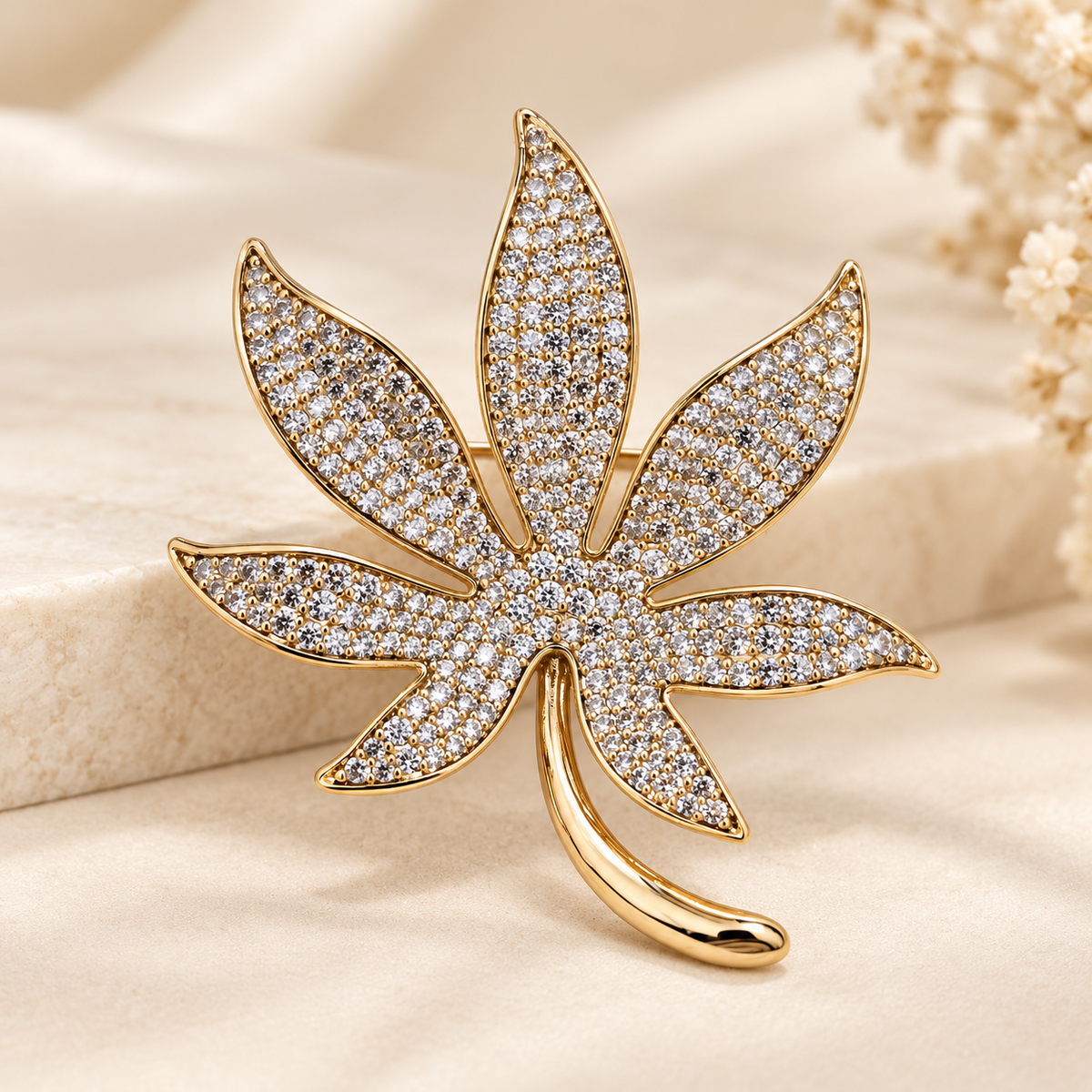 Maple Leaf Full Pave Crystal Gold Brooch (MES100122)