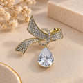 Teardrop Solitaire Pave Ribbon Knot Gold Brooch (MES100123)