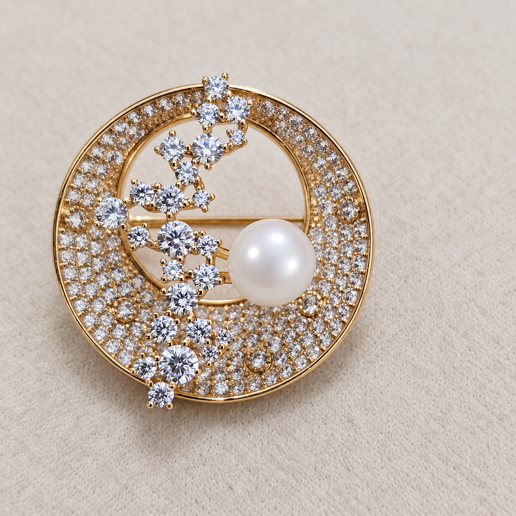 Circular Pave Crescent & Floating Pearl Gold Brooch (MES100124)