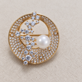 Circular Pave Crescent & Floating Pearl Gold Brooch (MES100124)