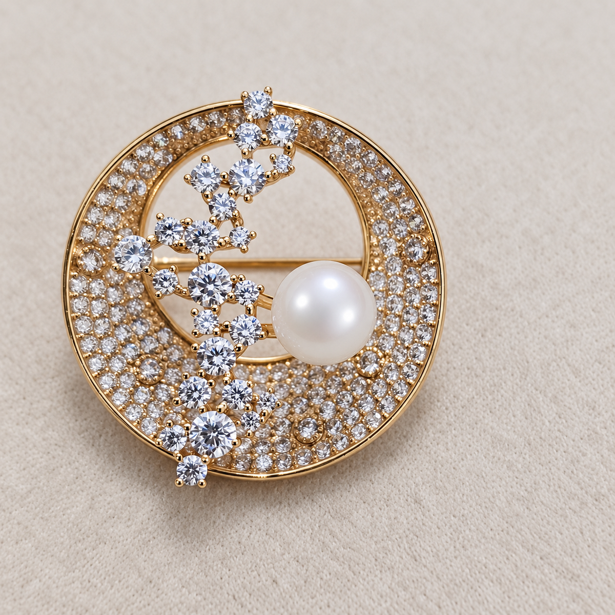 Circular Pave Crescent & Floating Pearl Gold Brooch (MES100124)